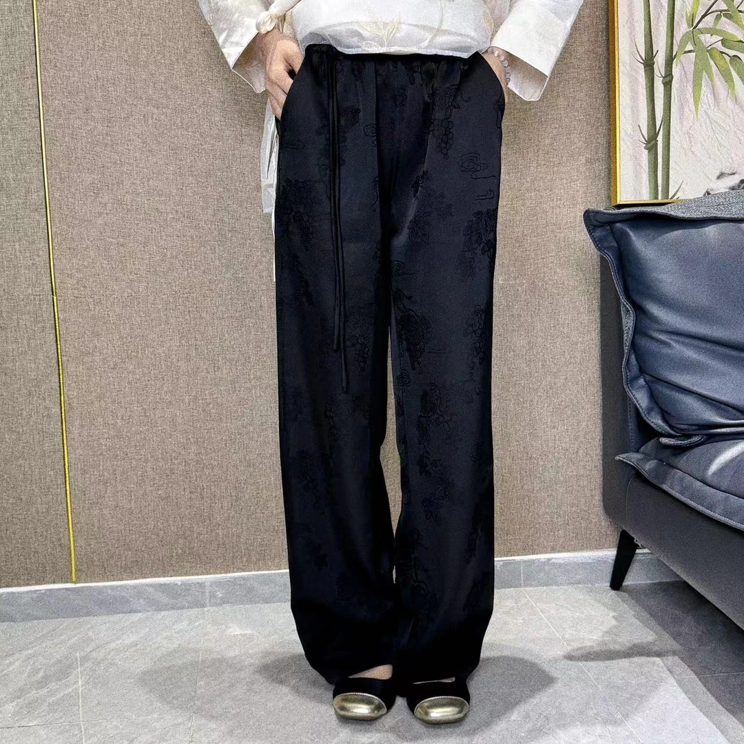 新中式国风春夏季重磅提花女阔腿裤垂感直筒裤休闲高腰