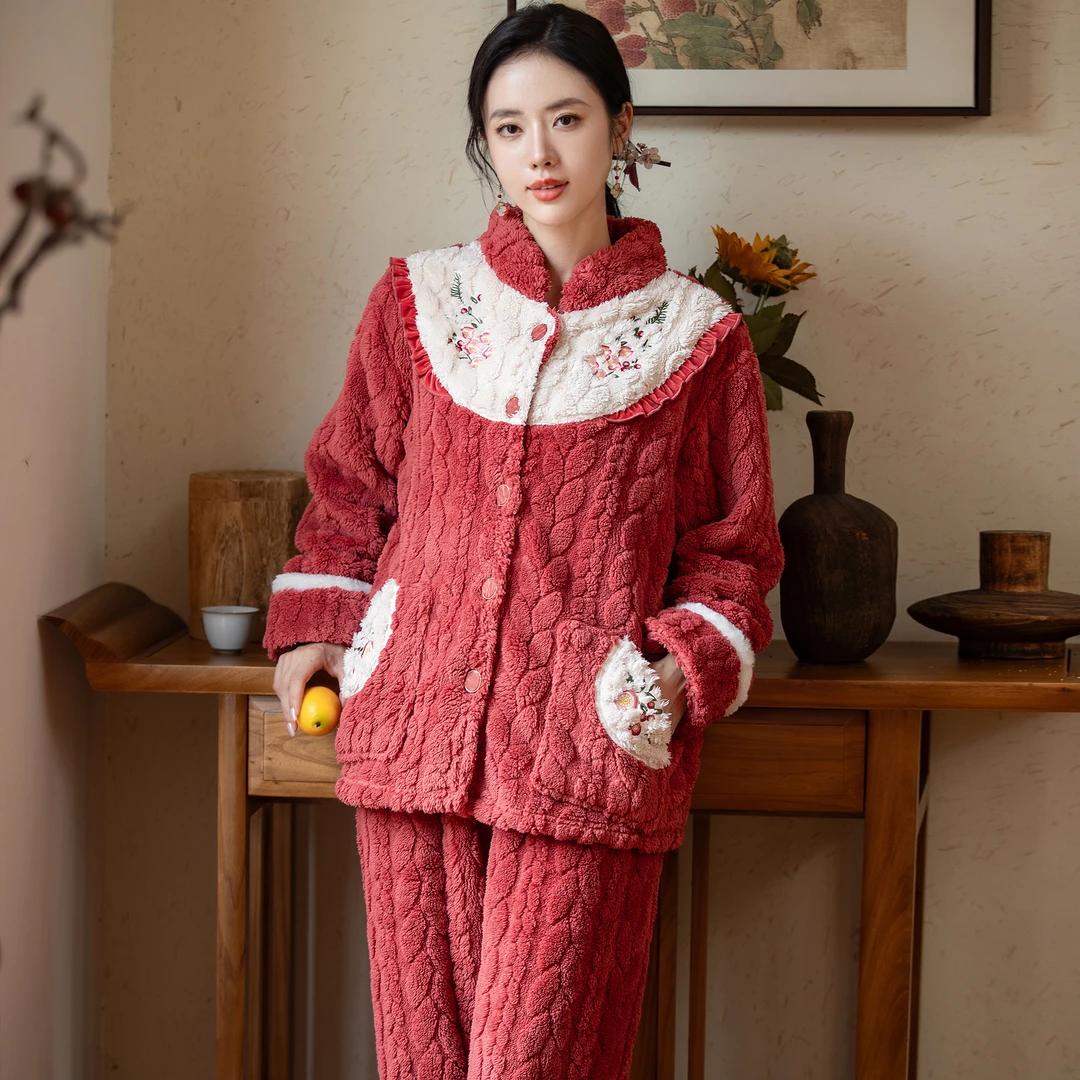 【红袖添香】时尚松子壳新中式提花绒加绒加厚秋冬季家居服保暖套装