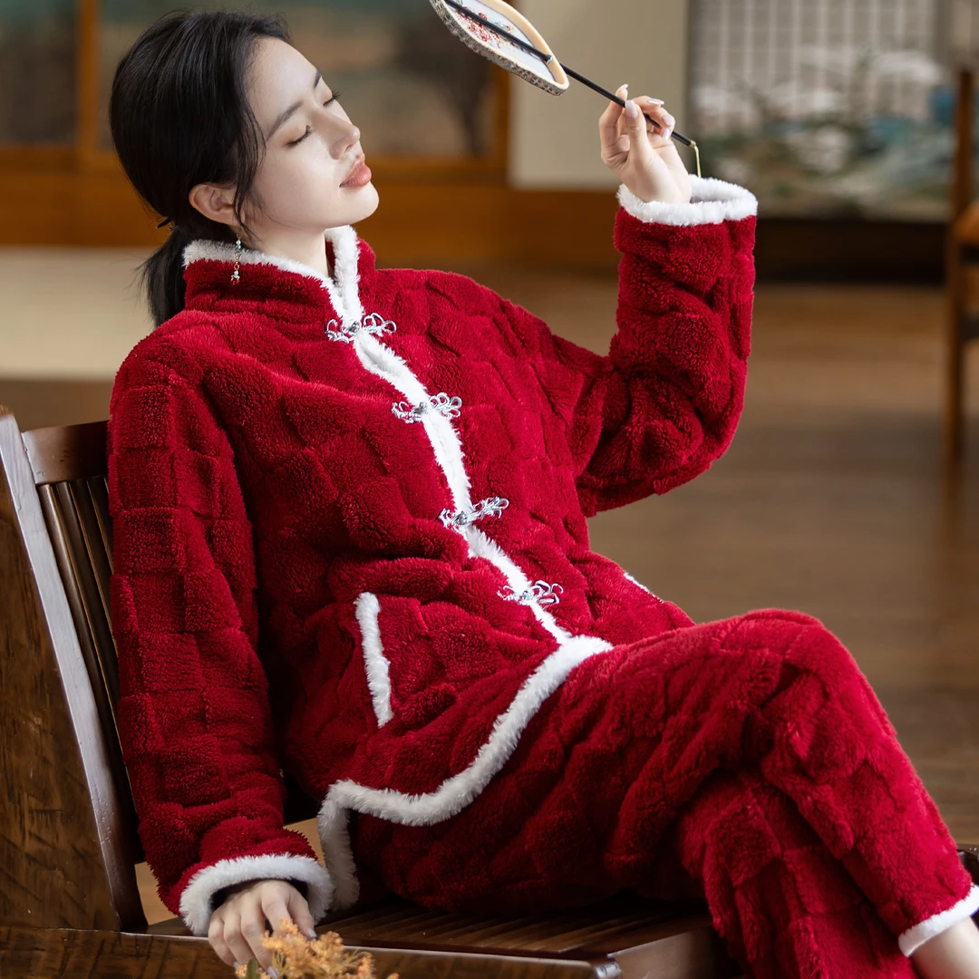 结婚本命年情侣套装时尚新中式提花绒女加厚国风绣花家居服套装