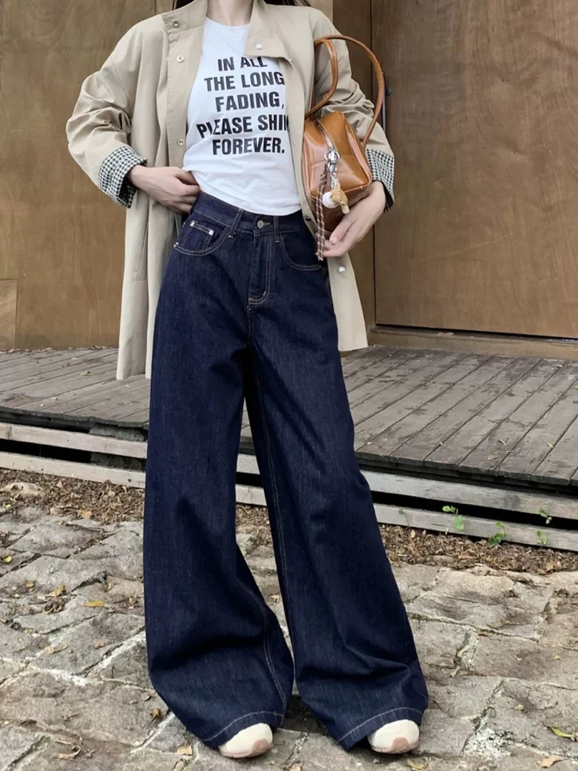 丹宁色深蓝色复古高腰阔腿牛仔裤女冬季加绒宽松显瘦垂感休闲长裤
