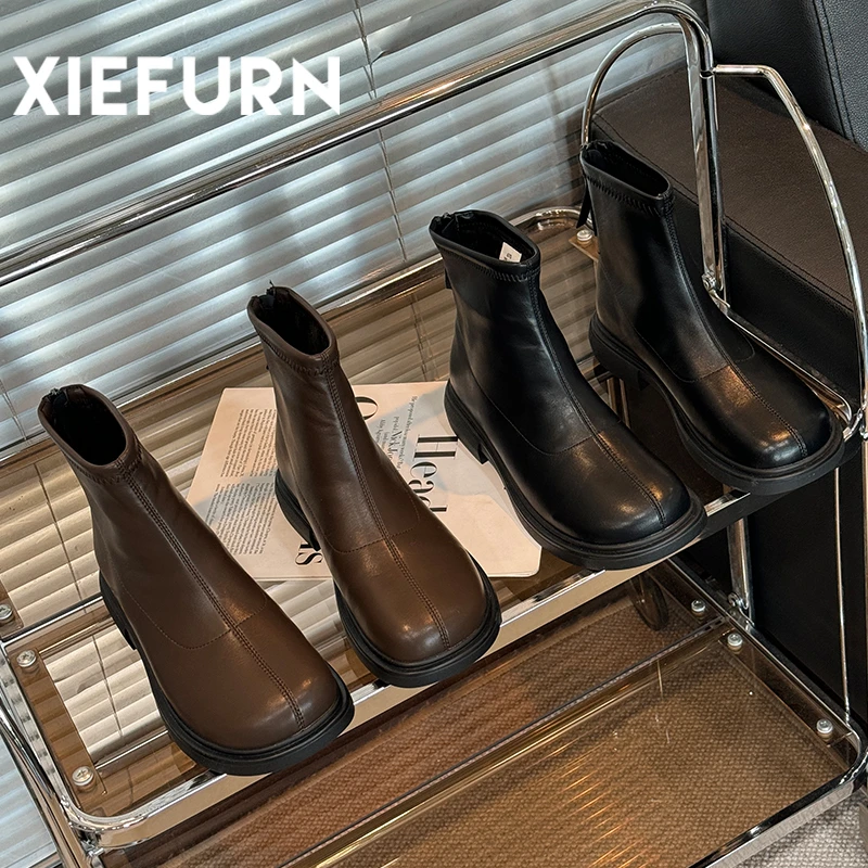 XIEFURN/鞋夫人秋冬时尚方头英伦风靴子百搭圆头厚底显高通勤女鞋