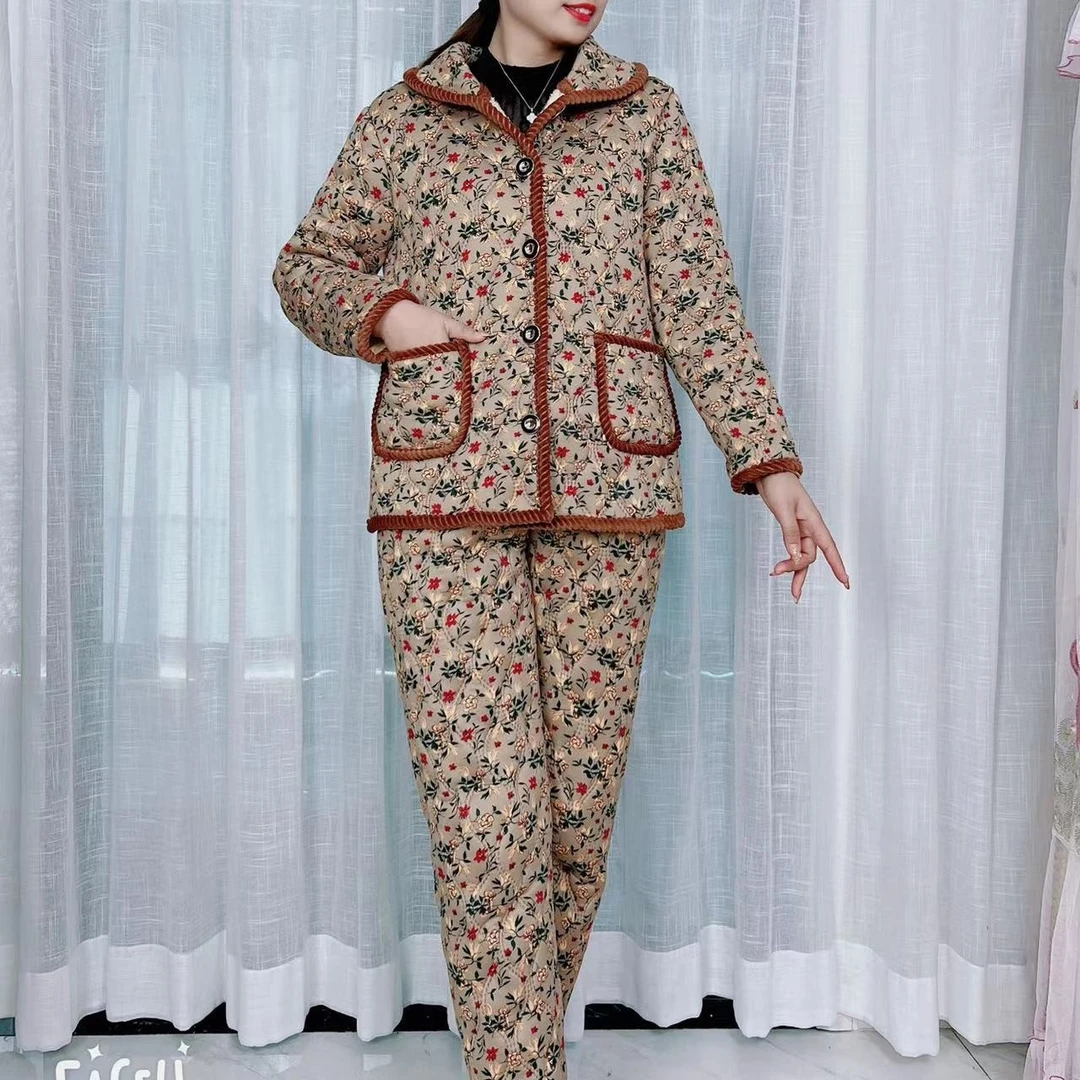 妈妈装冬季新款加绒加厚棉衣棉裤套装一整套时尚外穿棉袄居家女装