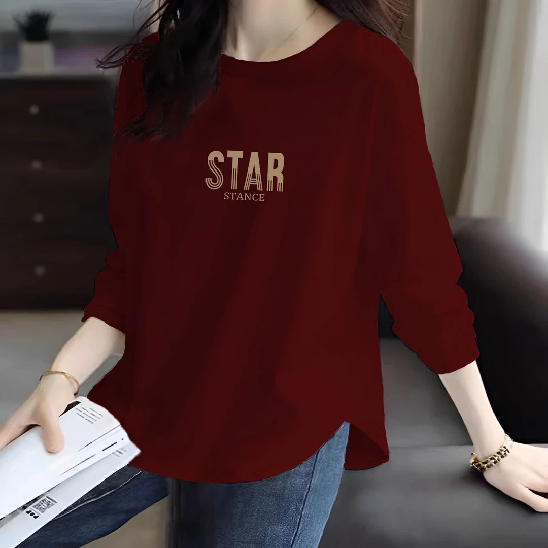 100%纯棉下摆弧形别致长袖圆领T恤女士秋冬季宽松遮肉休闲打底衫