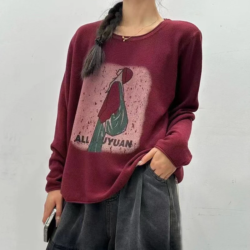 新款印花背包女孩针织棉线打底毛衣休闲百搭宽松圆领秋冬长袖女士