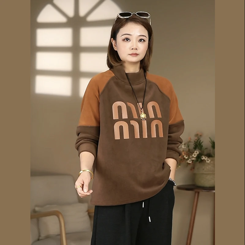 新款拼色中高领双面绒卫衣休闲百搭打底拼接时尚印花长袖上衣女士