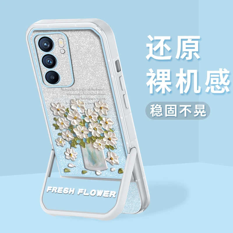 适用OPPO Reno6 支架闪粉油画花半透硅胶软壳全包摄像头