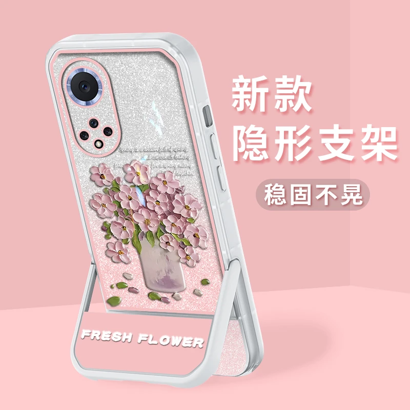 适用华为Nova9系列凳子支架闪粉油画花高级感透明防摔壳女款