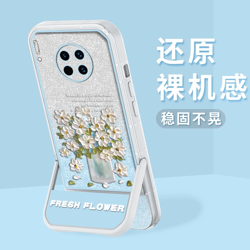 适用华为Mate30 支架闪粉油画花半透硅胶软壳全包摄像头