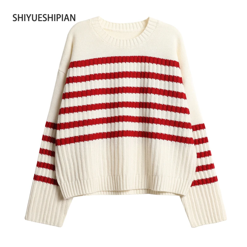十月诗篇条纹撞色松弛感圆领套头羊毛衫女秋冬季新款经典休闲6288