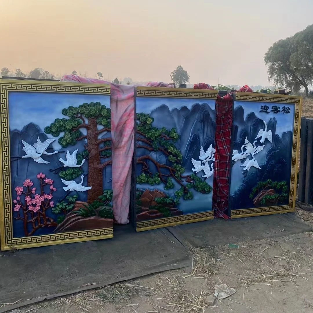 仿古建中式迎客松百福图长方形大幅砖雕照壁装饰影壁墙面庭院浮雕