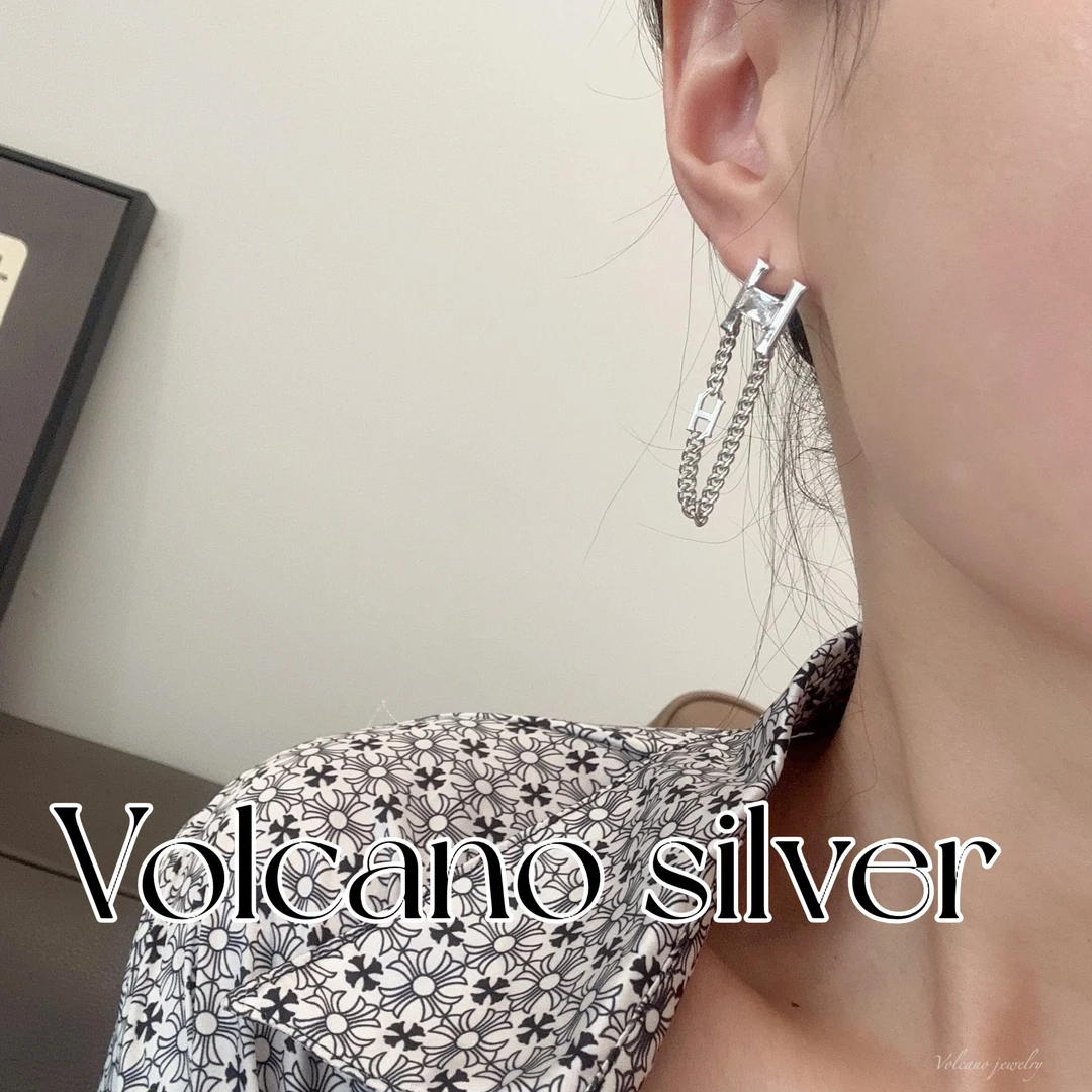 925银耳饰 重工镶嵌字母链条H耳钉耳环时髦耳饰R033