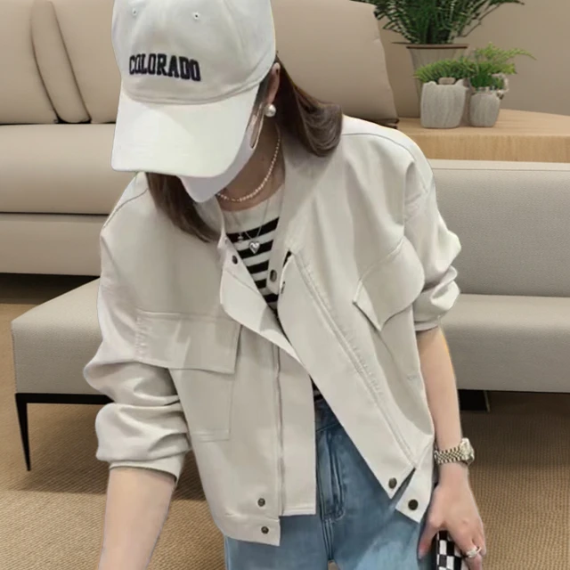 春秋季韩版宽松百搭白色皮衣女短款时尚休闲潮流翻领皮夹克外套