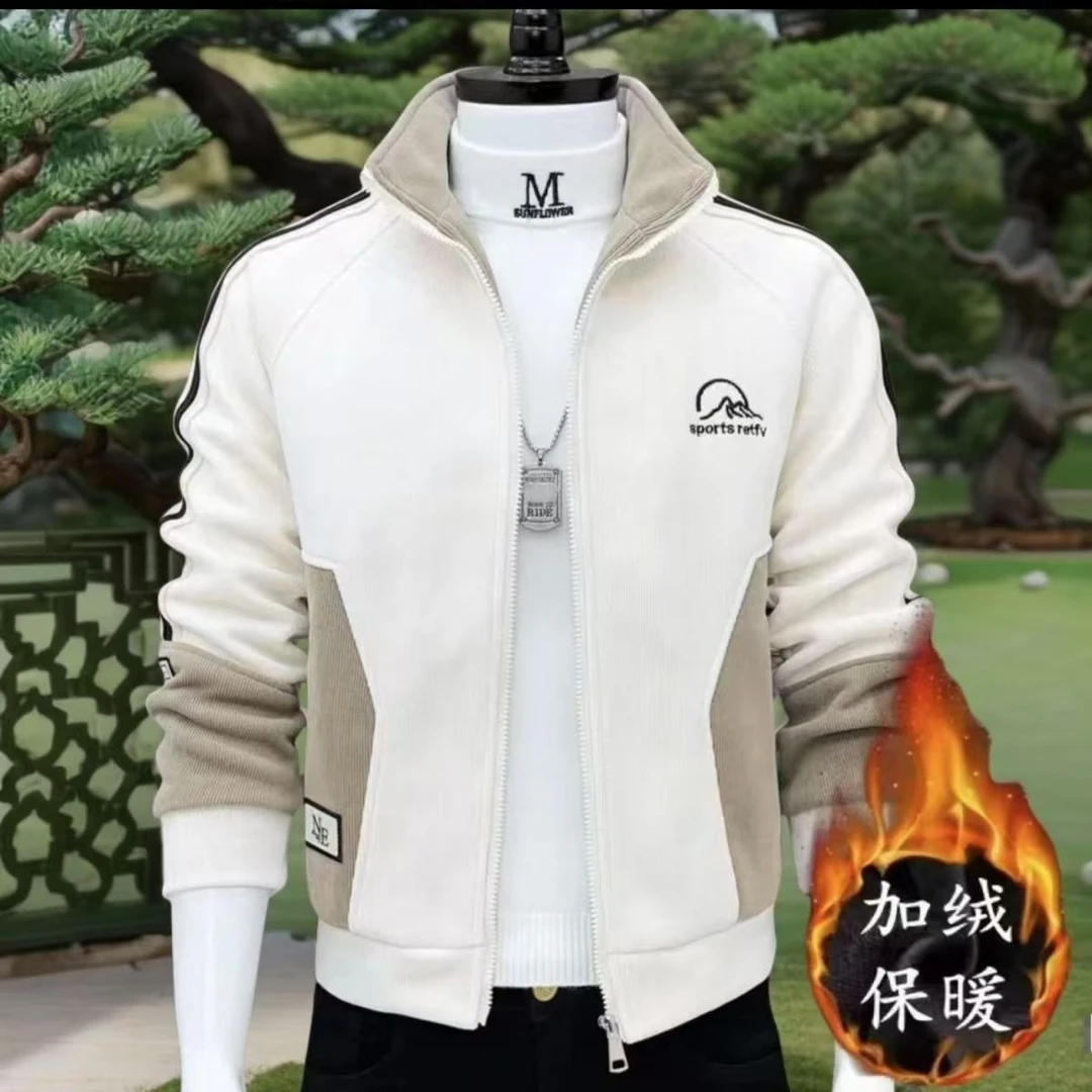 冬季新款刺绣微阔加绒加厚男士立领夹克潮流落肩百搭字母男外套