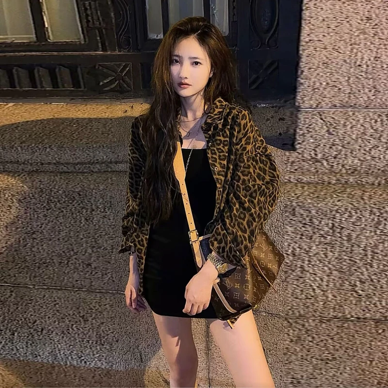 豹纹Polo领衬衫牛仔外套女慵懒风宽松气质中长款上衣可搭配背心裙