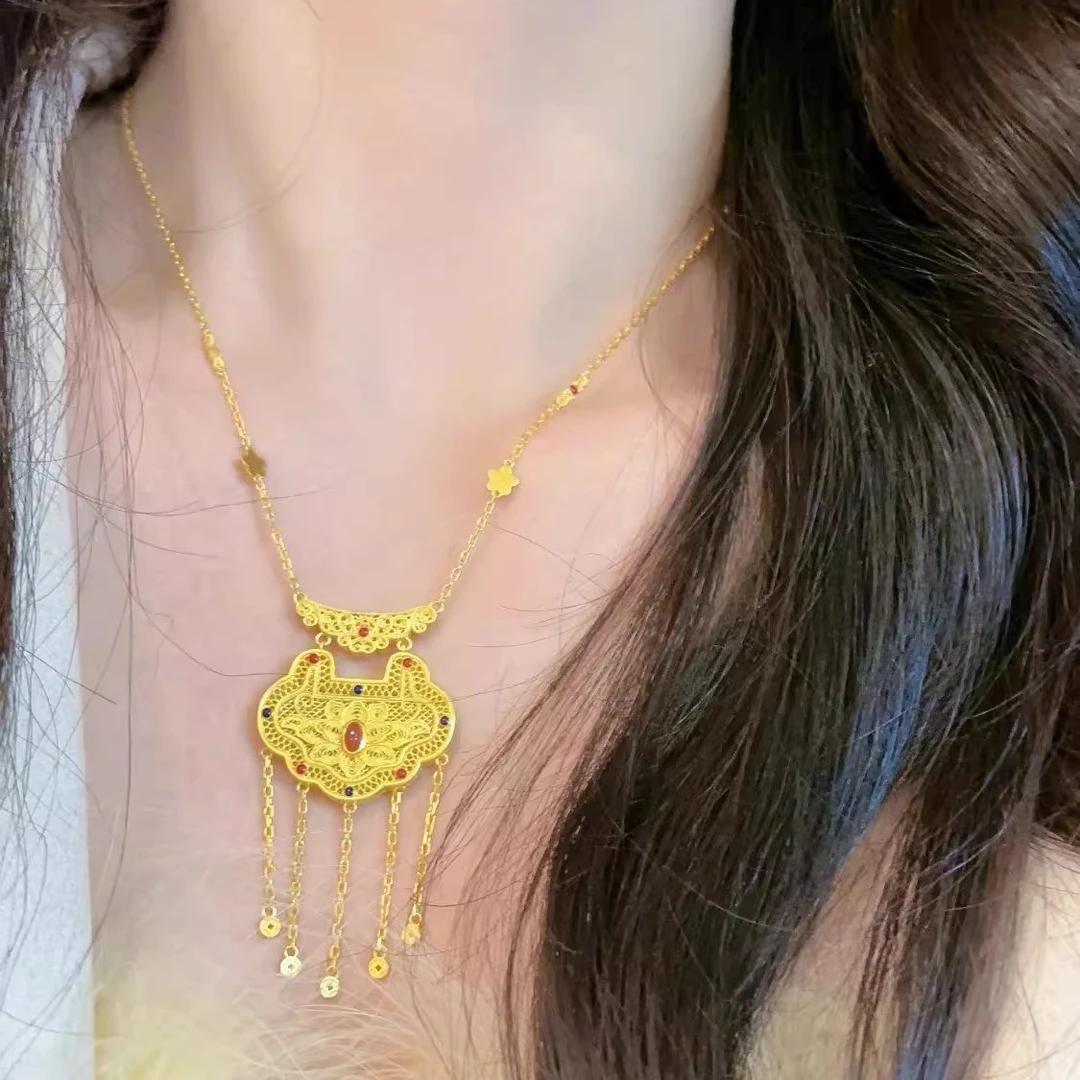 铜合金项链 古法花丝如意锁包流苏项链女轻奢新款小众高级感复古