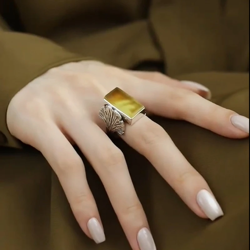铜合金戒指 新中式三生有杏银杏叶国潮戒指银色指环高级小众饰品