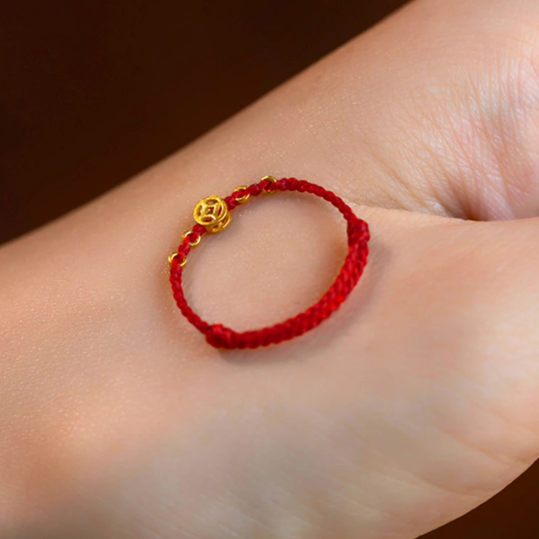 铜合金戒指 小钱币红绳编织戒指女简约手绳转运尾戒喜庆配饰手编
