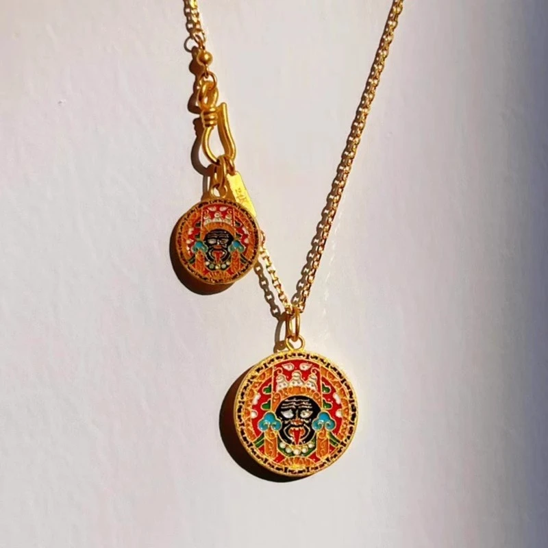 铜合金项链 扎基拉姆项链吊坠女款烧蓝财神币锁骨链圆牌项链复古