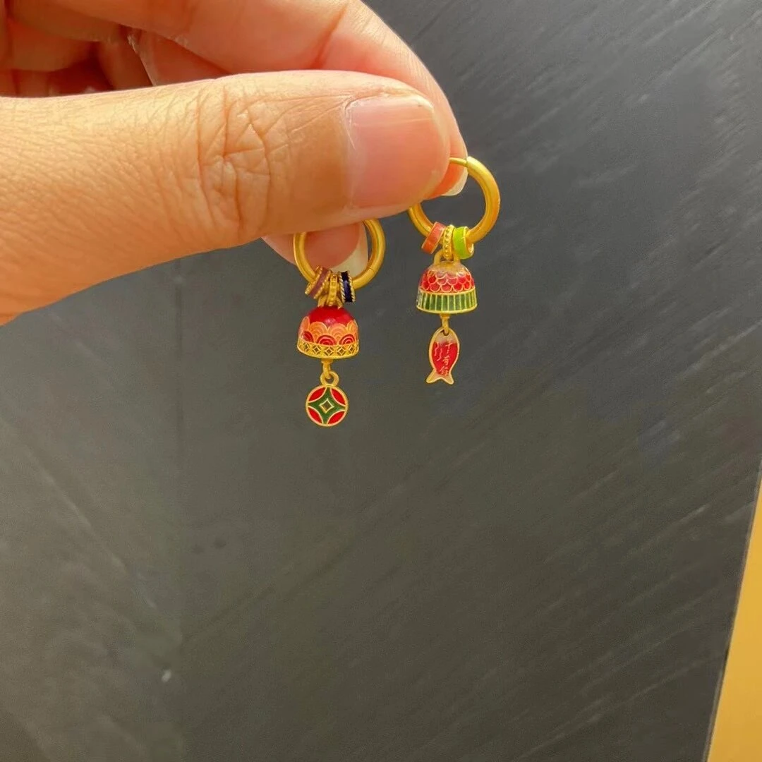 铜合金耳饰 古法烧蓝锦鲤耳环女年年有余平安风铃耳钉高级感百搭