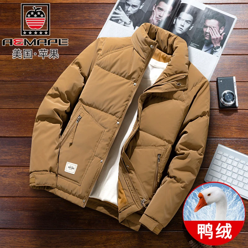 美国苹果羽绒服男秋冬季面包服加厚立领短款潮牌工装冬装鸭绒外套