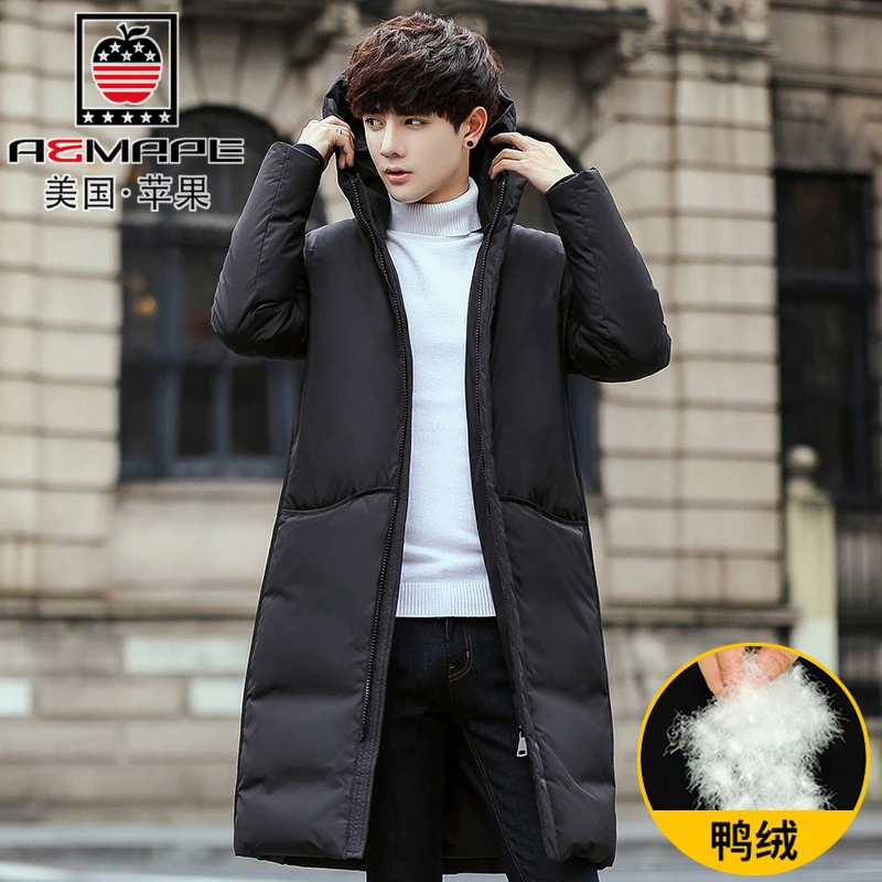 美国苹果冬季男士羽绒服白鸭绒防风保暖外套中长款冬装连帽防寒服