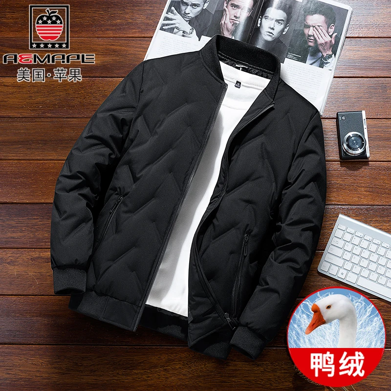 美国苹果羽绒服男秋冬季潮牌立领加厚短款棒球服夹克宽松鸭绒外套