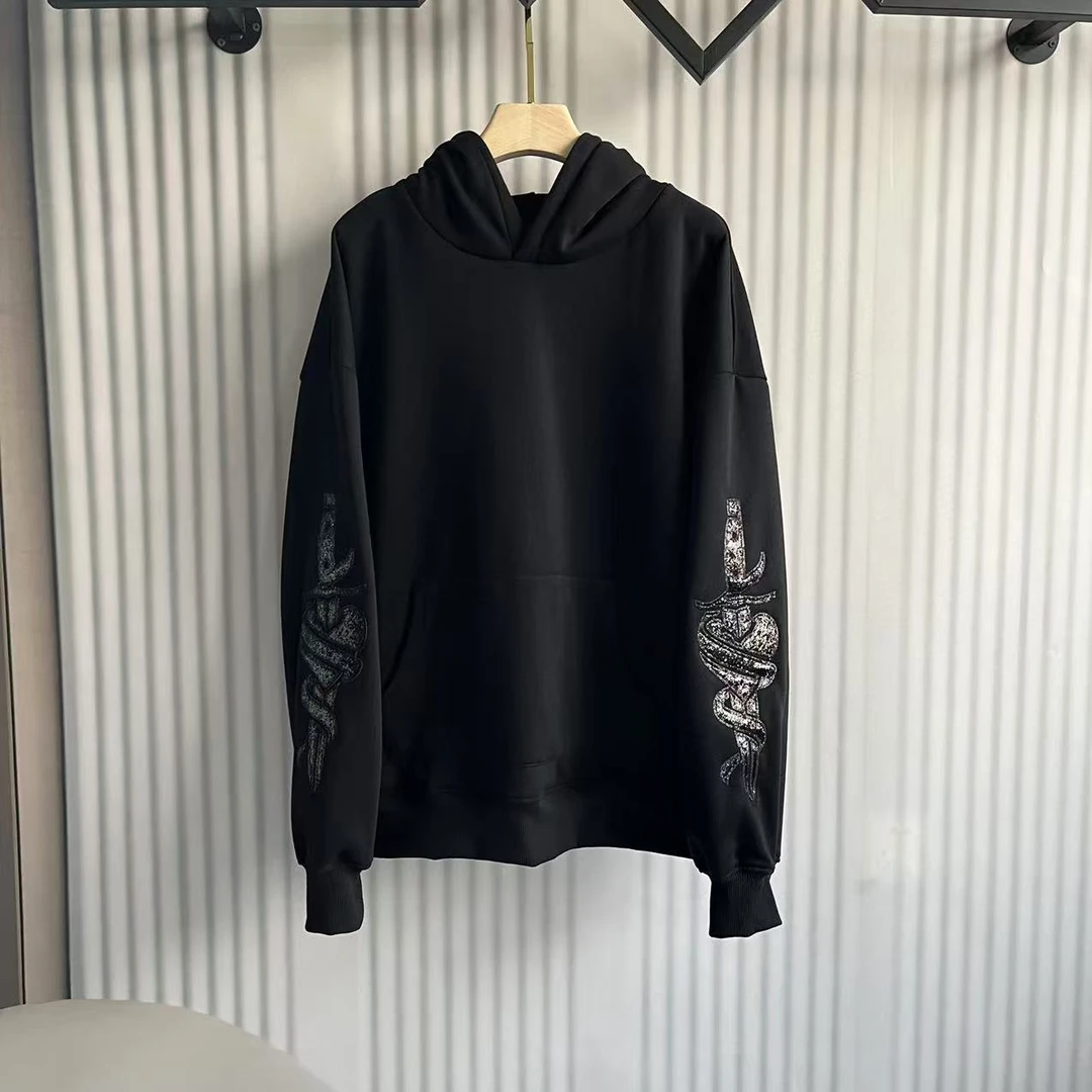 加绒加厚宝剑刺绣轻奢卫衣亮片重工绣花高街男女美式宽松情侣连帽