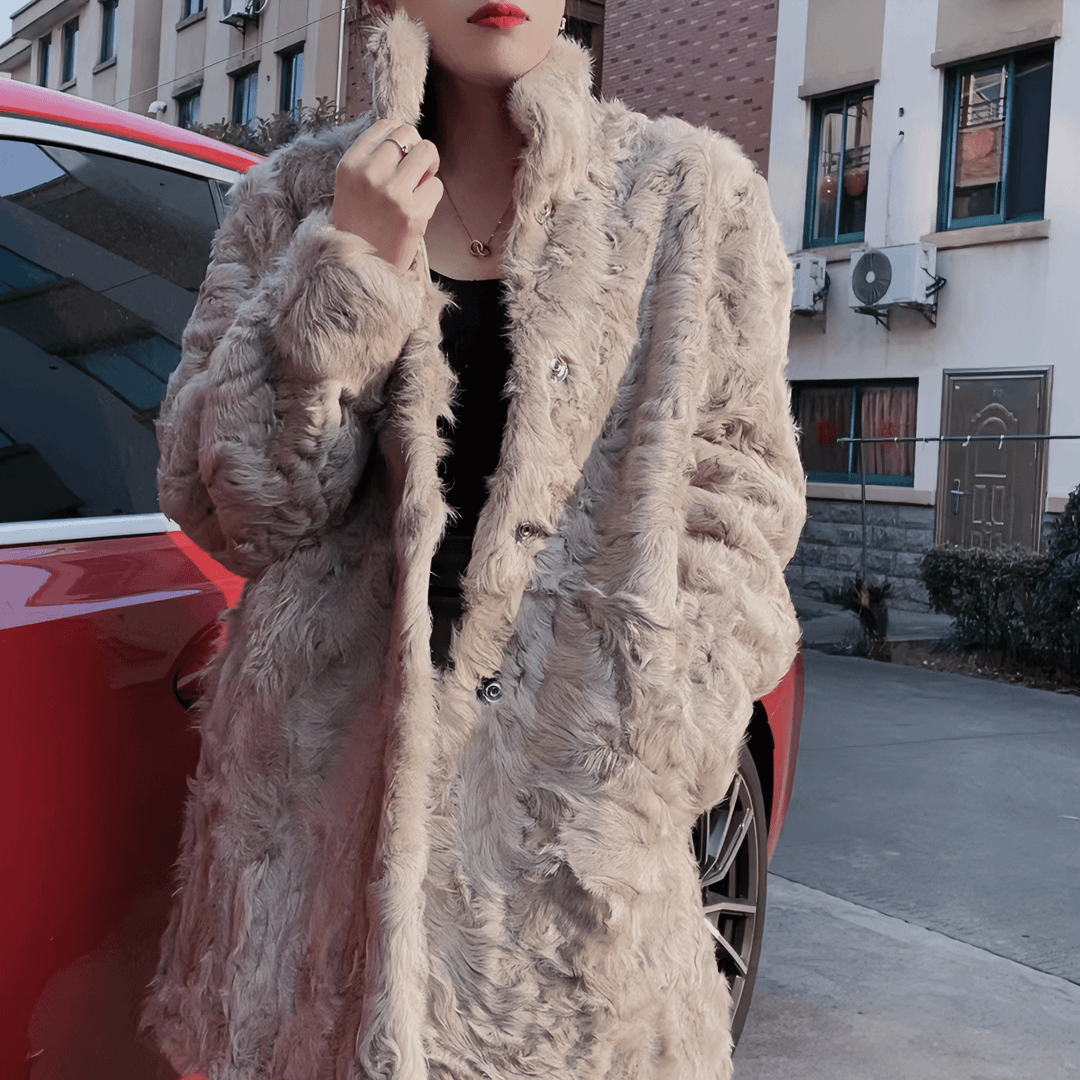 海宁进口小湖羊气质时尚女士立领羊皮毛一体中长款百搭秋冬厚外套