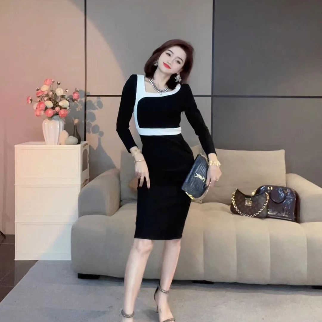 【丹丹严选】新款秋冬轻奢名媛气质修身显瘦拼色女装连衣裙2225--7