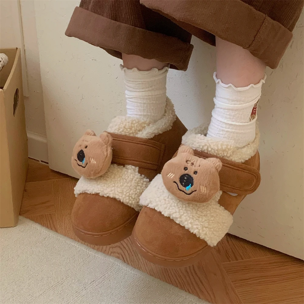 细细条 网红时尚拼色学生棉鞋ins软萌小熊保暖魔术贴冬季勃肯鞋女
