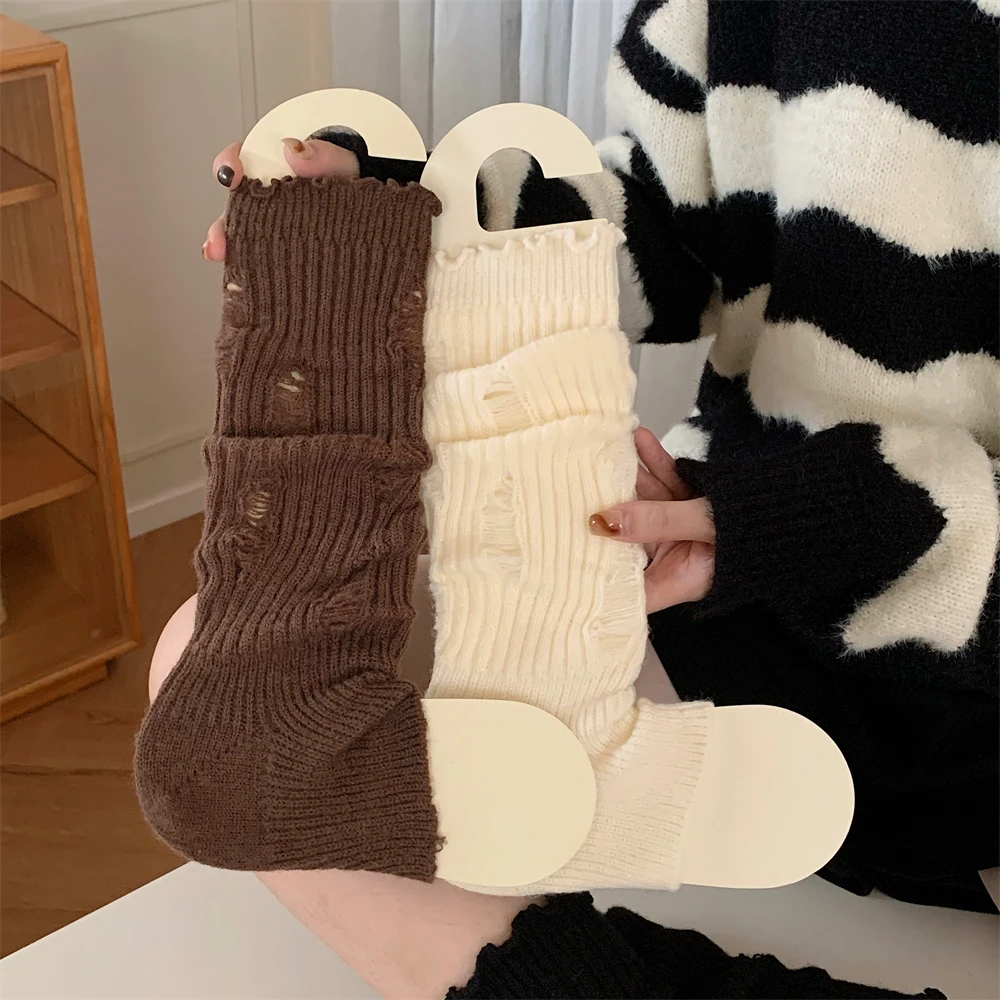 细细条 时尚小腿袜子不规则破洞冬腿套辣妹y2k保暖雪地靴堆堆袜女