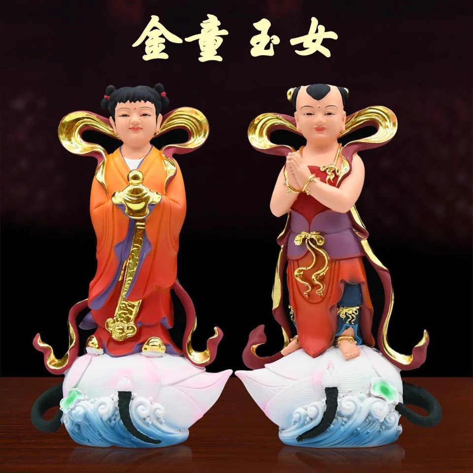 树脂善财童子龙女摆件童男童女像金童玉女居家像居家桌面摆件