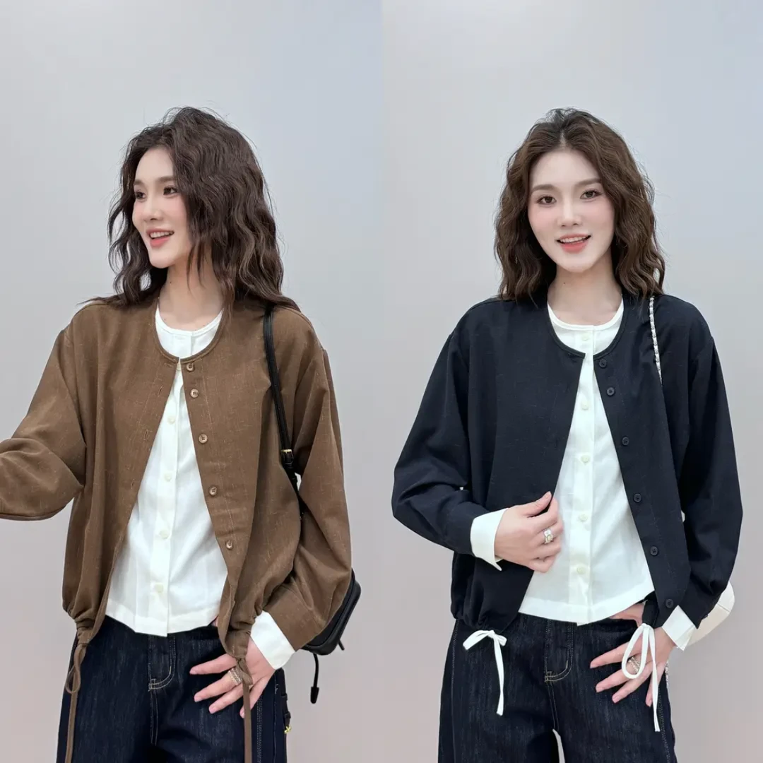2024秋季新款休闲时尚百搭圆领假两件 拼接上衣