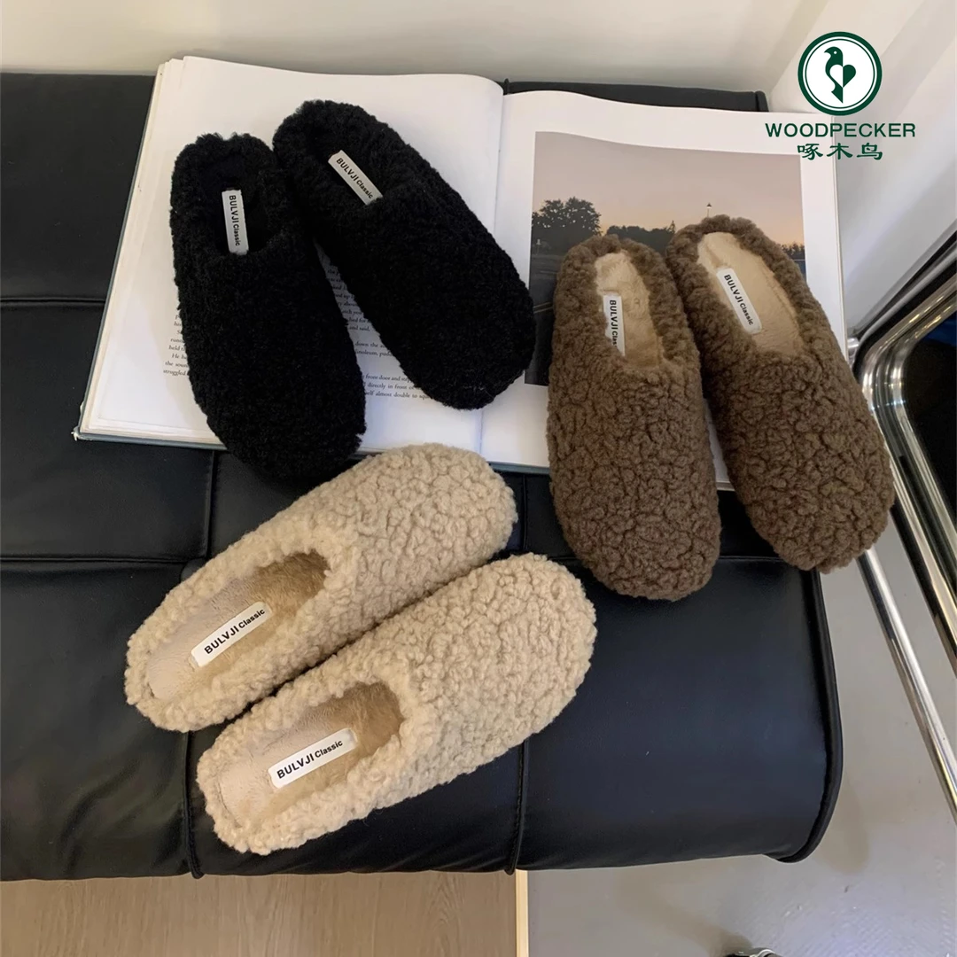 啄木鸟包头毛毛拖鞋女秋冬外穿2024年新款加绒保暖软底勃肯棉拖鞋