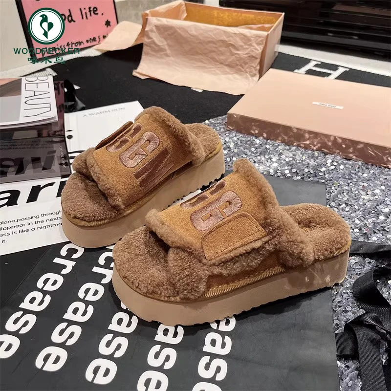 啄木鸟羊羔毛毛鞋加绒松糕厚底一字拖鞋2024年新款小个子外穿拖鞋