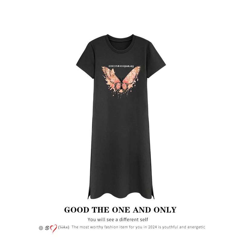 宝莎伦时尚高级蝴蝶印花钉珠开叉连衣裙600427