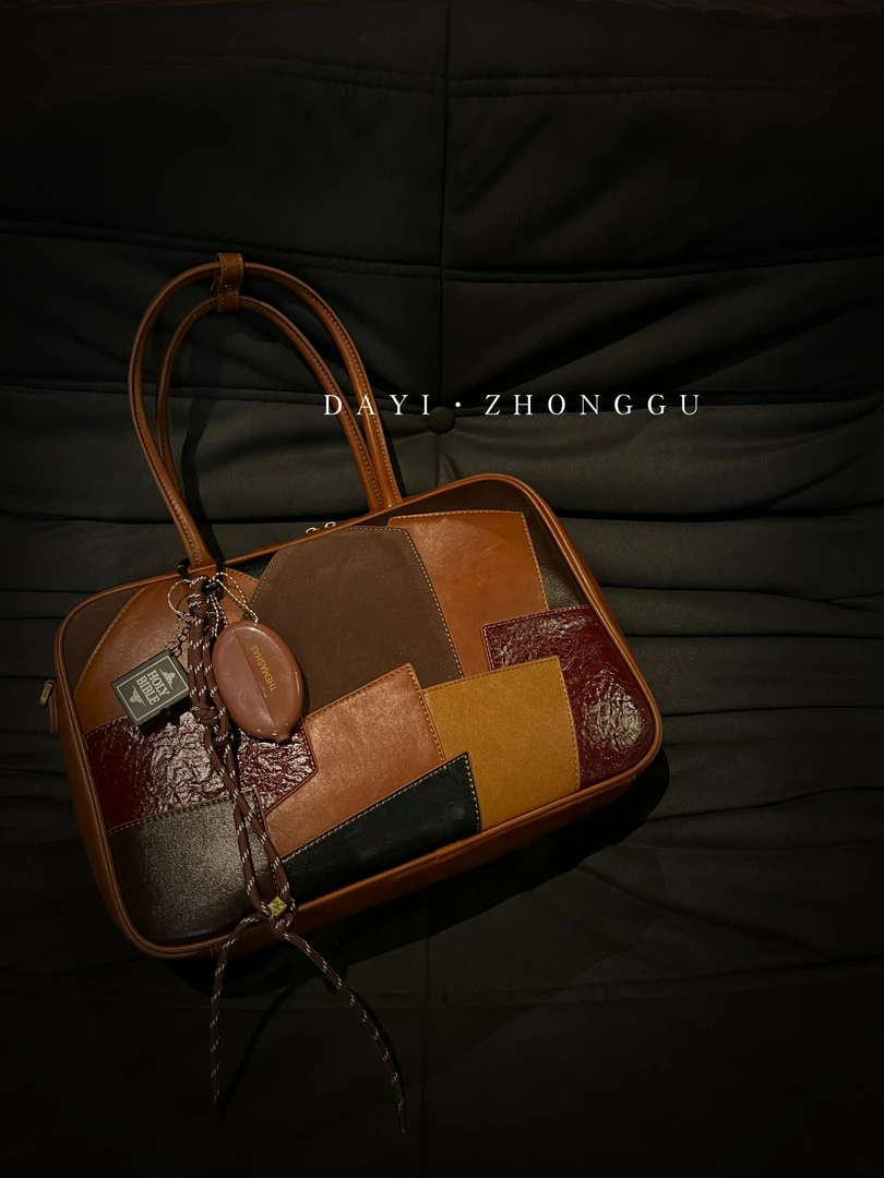 ZYROS/秋冬新款复古拼棕轻奢时尚百搭手拎大容量盒子包女1439