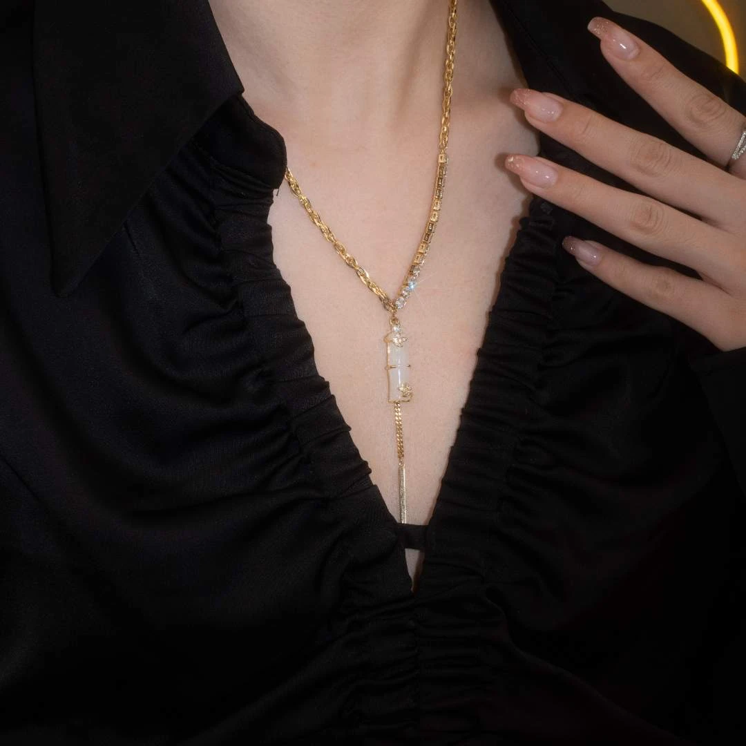 铜合金合成锆石项链 【节节高】竹节项链女款气质新中式吊坠毛衣链