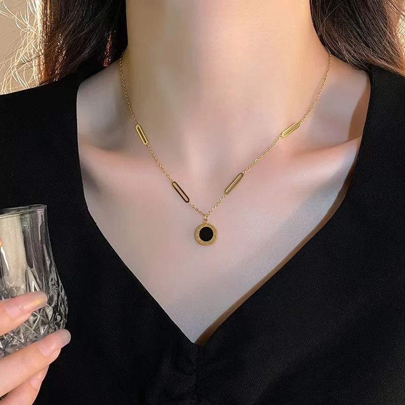 钛钢项链 【黑白罗马】数字镂空长条项链时尚气质简约锁骨链