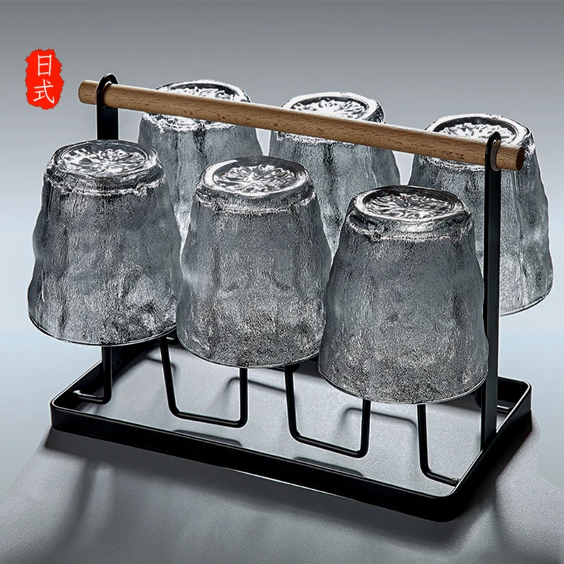 日式石纹玻璃杯子家庭套装家用轻奢客厅茶杯带杯架高颜值水杯冰川