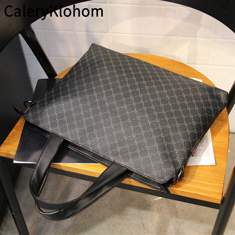 CALERY KLOHOM男士手提包男韩版潮流牛皮公文包简约格纹