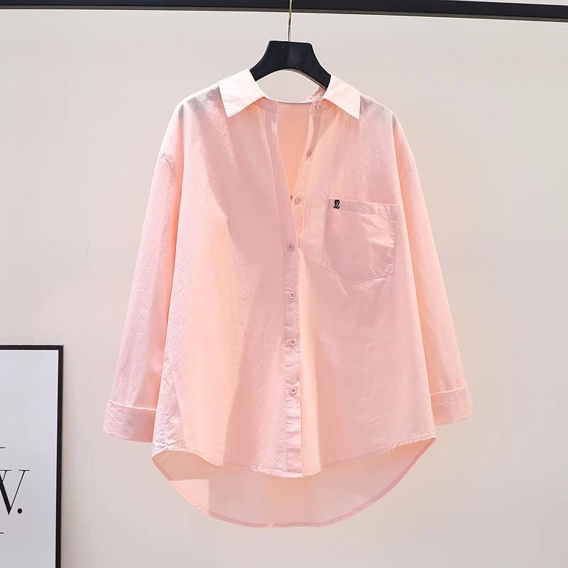 刺绣纯棉衬衫春秋2025新款韩版大版宽松长袖百搭衬衣上衣时尚微胖