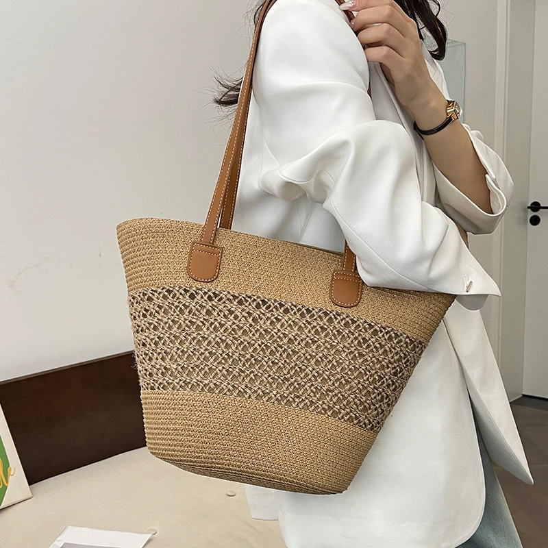 夏日海边沙滩草编包女大容量编织菜篮子包法式小众单肩通勤托特包