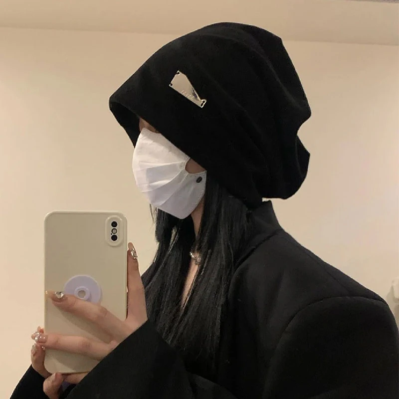 金属标堆堆帽女秋冬季韩版显脸小百搭冷帽日系大头围宽松黑色帽子
