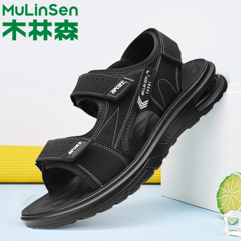 木林森凉鞋男士2025夏季新款沙滩男鞋休闲气垫软底真皮爸爸凉拖鞋