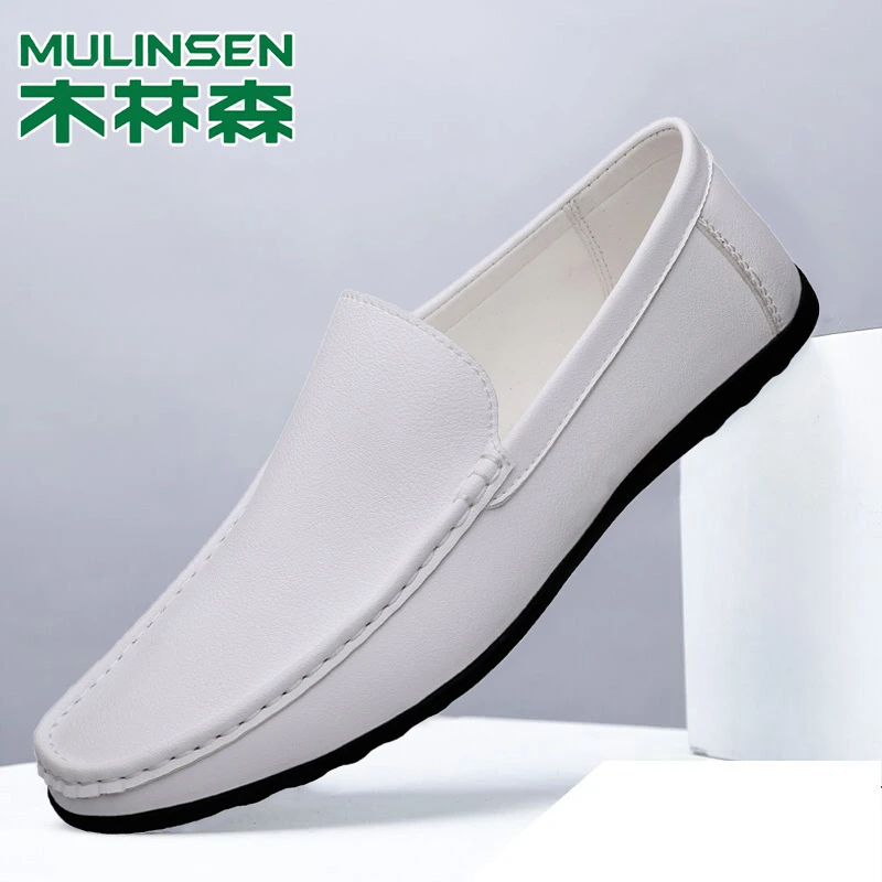 木林森休闲皮鞋男白色时尚懒人透气一脚蹬软底男士豆豆鞋百搭舒适