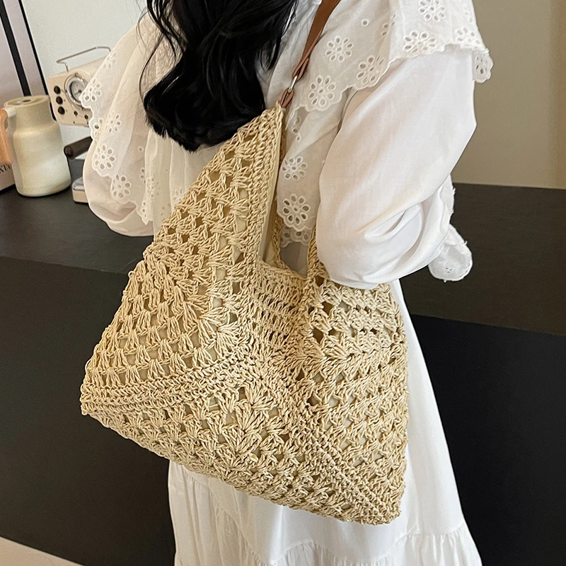 感韩风镂空大容量草编包女百搭托特包单肩海边度假沙滩包返潮复古
