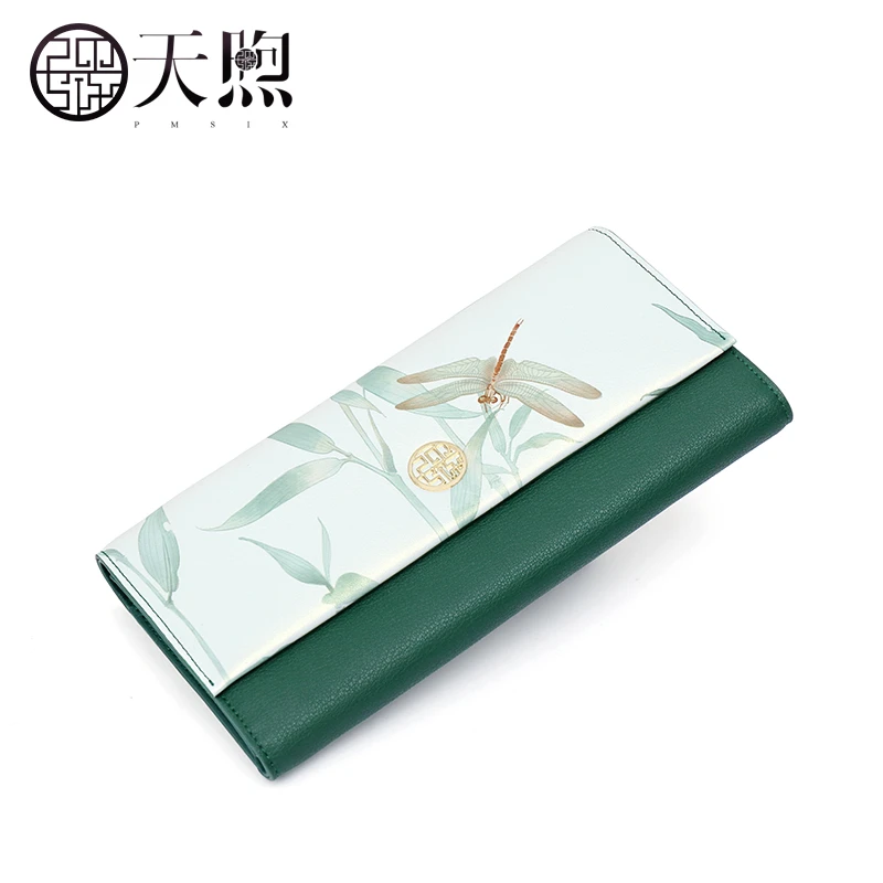 天煦真皮女士绿色印花时尚国风古风小众高档复古长款钱包手拿女包