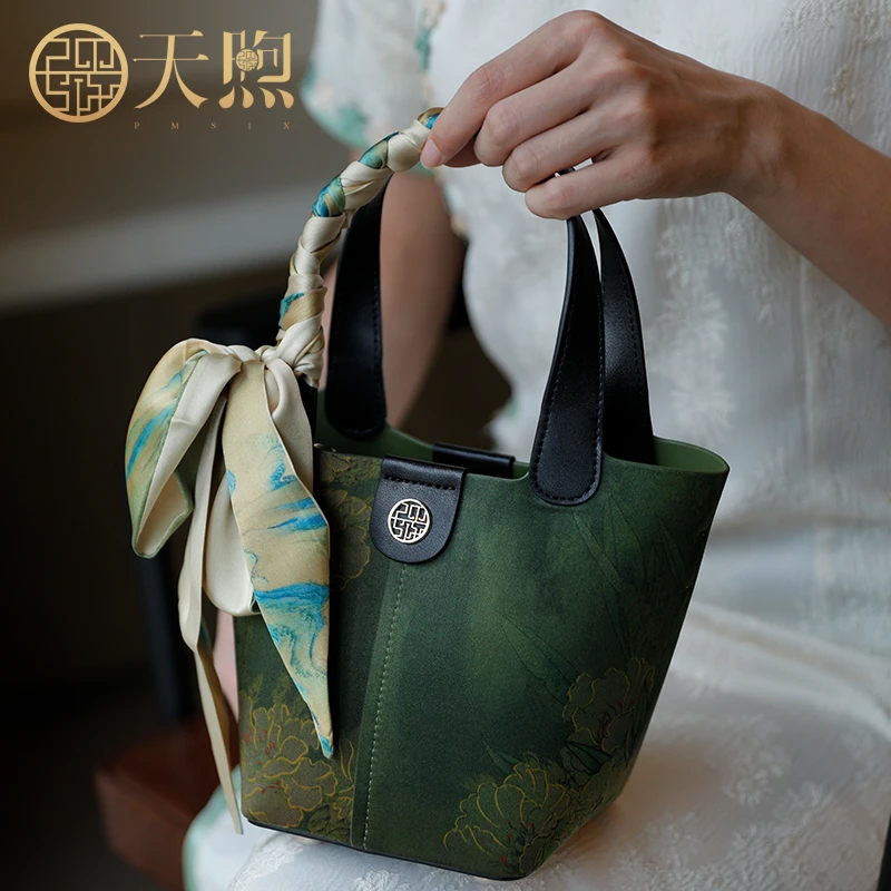 天煦新中式中国风女包桑蚕丝女包真皮水桶包单肩斜挎女士菜篮子包
