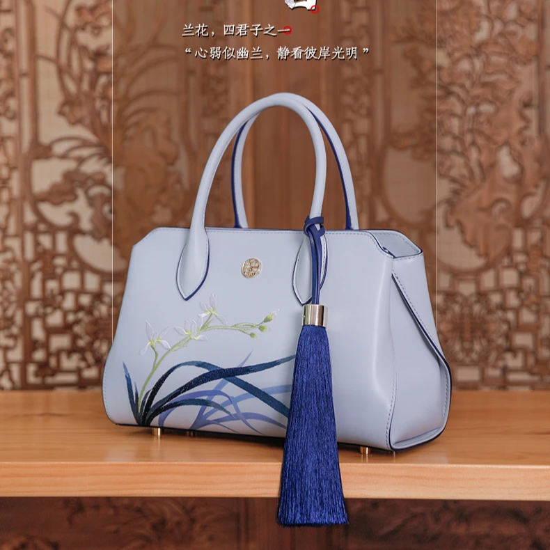天煦新中式国风女包原创牛皮刺绣幽兰含睿复古手提包单肩斜挎包